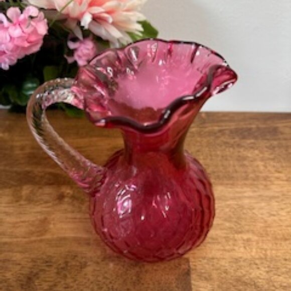 Vintage Cranberry Diamond Quilted Glass Pitcher Hand Blown Ruby Red Jug - Picture 3 of 4